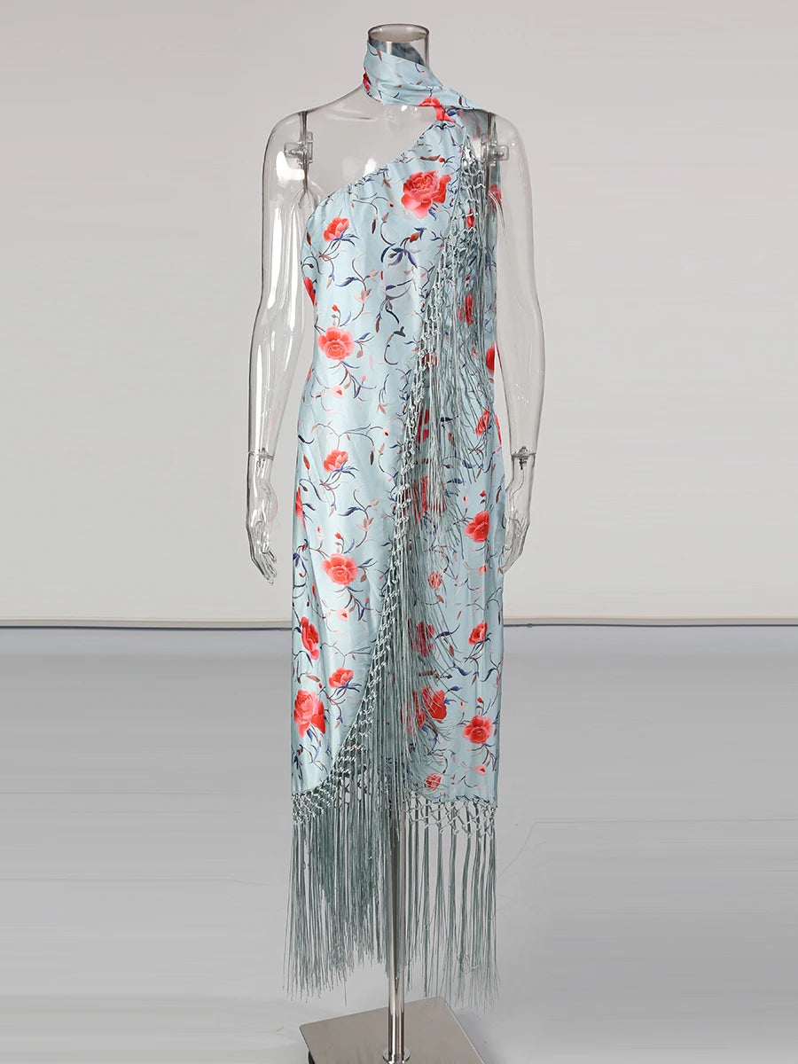 Zalia Atelier | Floral Print Asymmetrical Tassels Dress