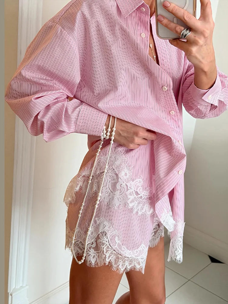 Beach Shirt and Shorts Set Light Pink with Lace Trim | Zalia Atelier