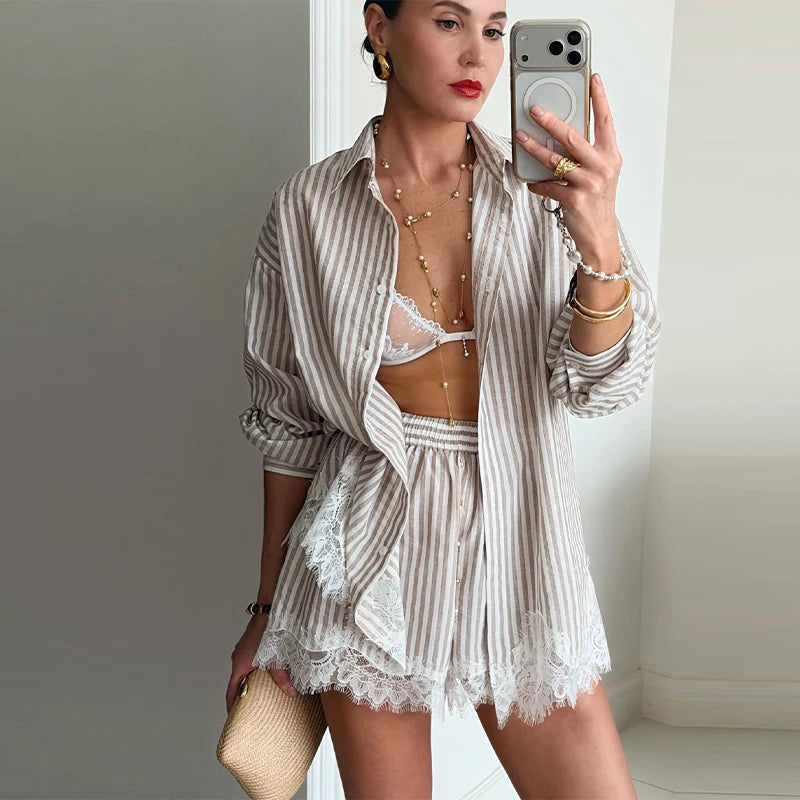 Beach Shirt and Shorts Set Striped Khaki with Lace Trim | Zalia Atelier