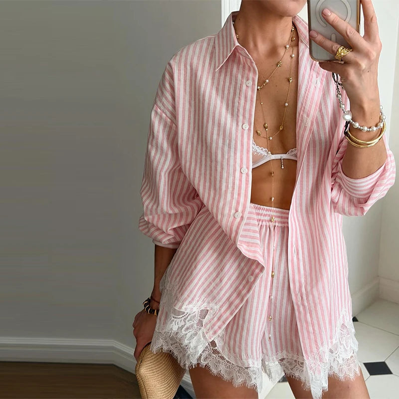 Beach Shirt and Shorts Set Striped Light Pink with Lace Trim | Zalia Atelier