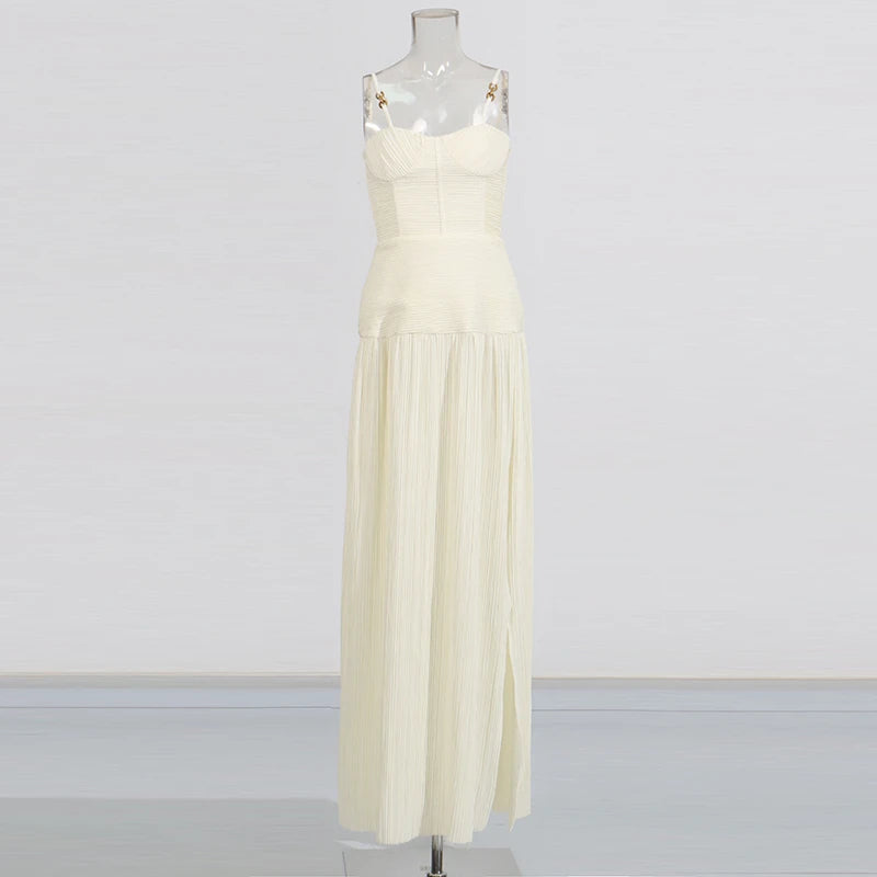 Zalia Atelier | Beige Plisse Cocktail Gown