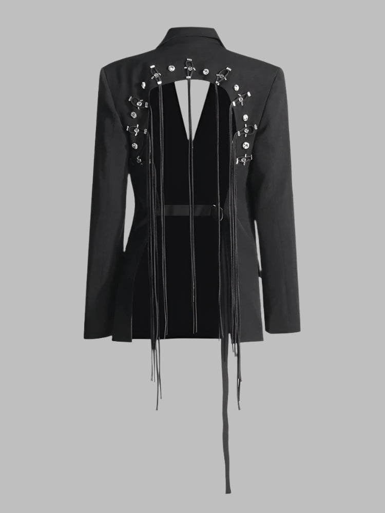 Black Blazer Open Back With Tassels