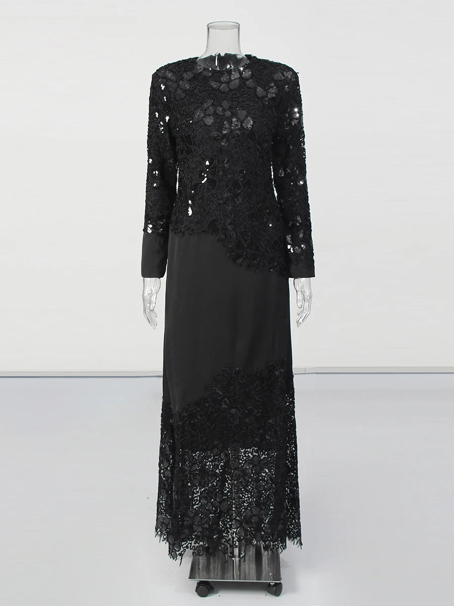 Black Lace and Sequins Maxi Dress | Zalia Atelier