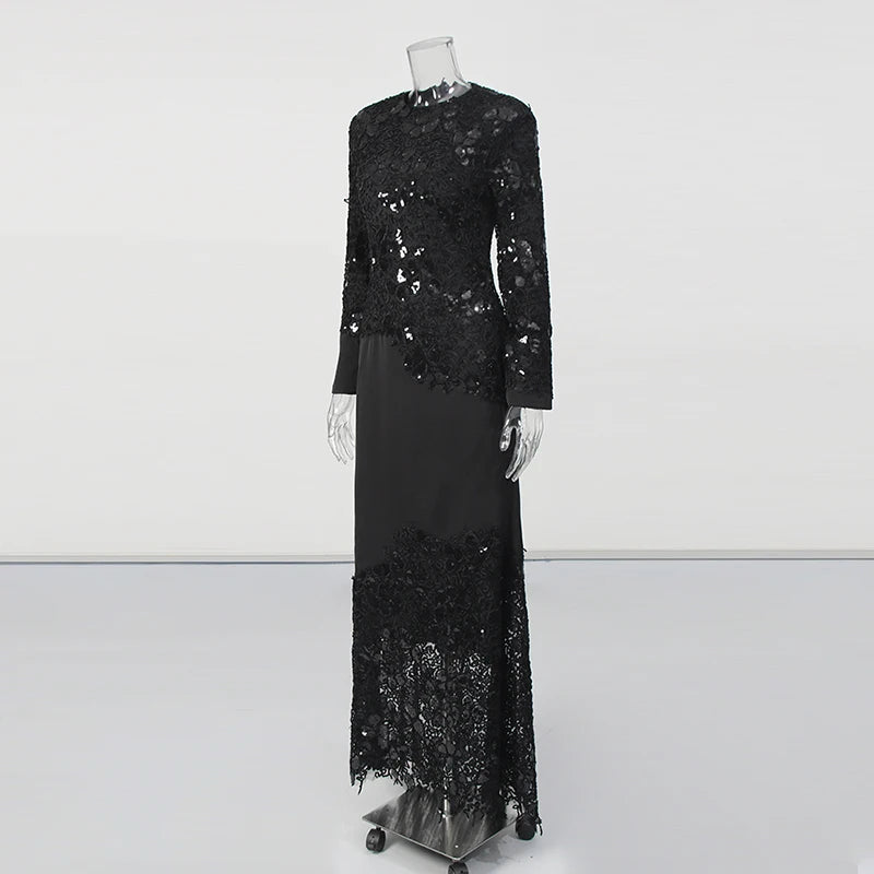 Black Lace and Sequins Maxi Dress | Zalia Atelier