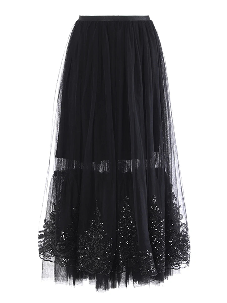 Zalia Atelier | Sequins and Mesh Skirt Black