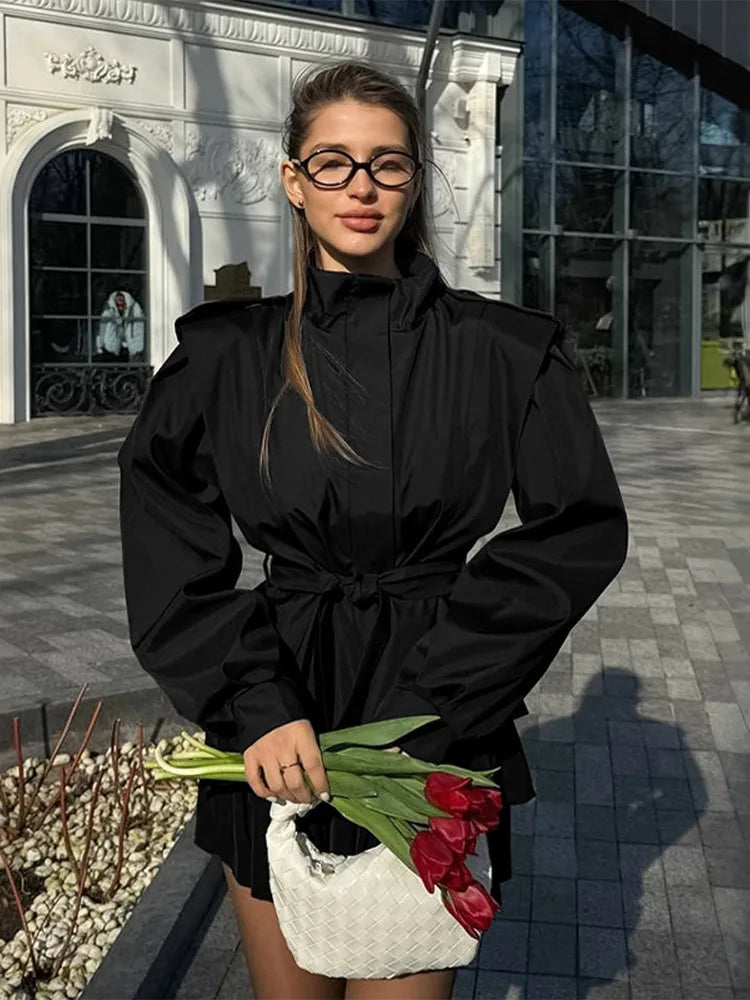 Black Stand Collar Belted Jacket