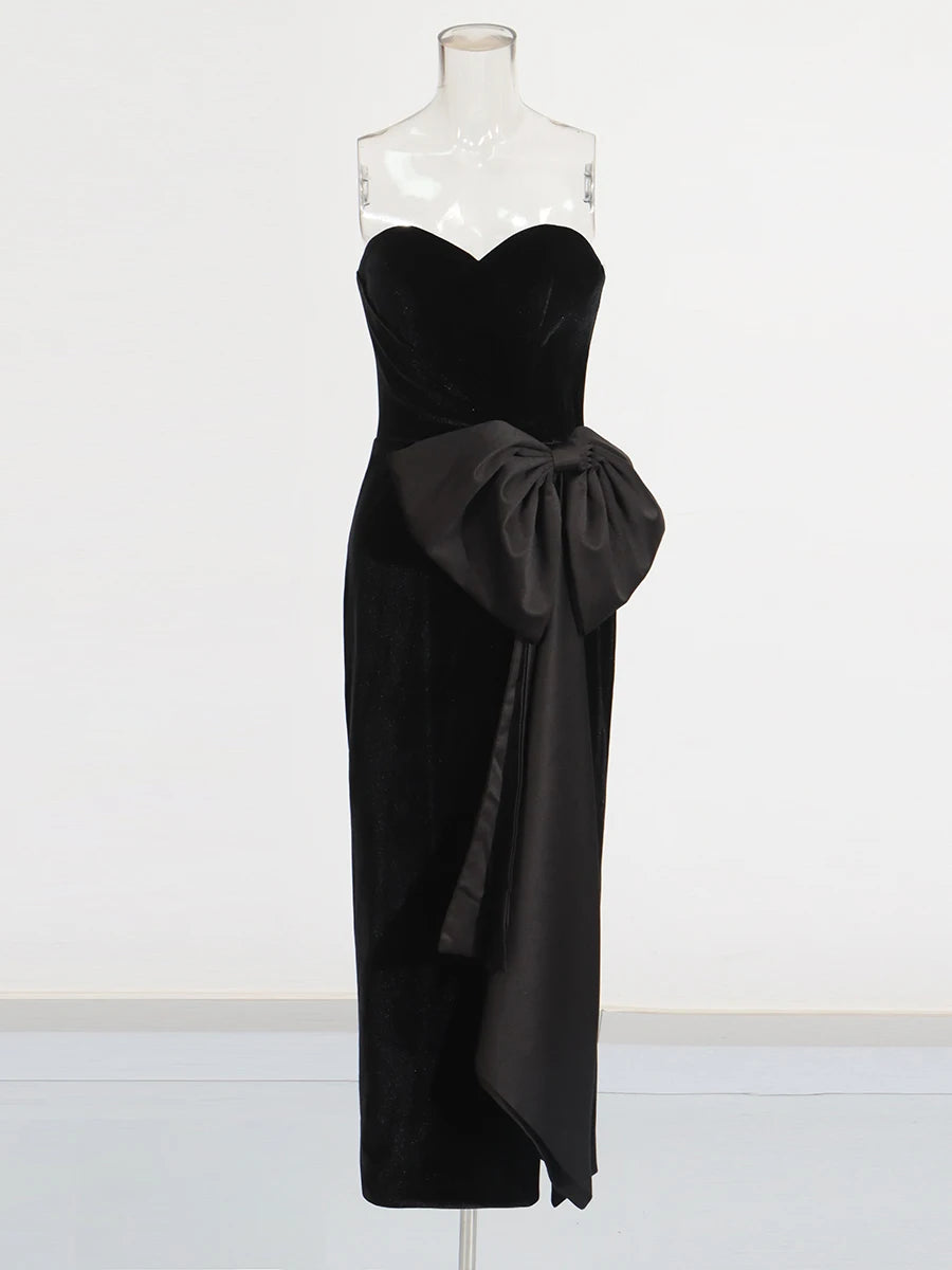Zalia Atelier | Black Strapless Midi Dress Bowknot and Split