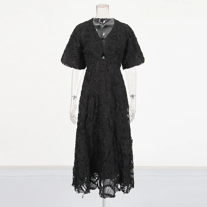 Zalia Atelier - Black Woven Textured Midi Dress