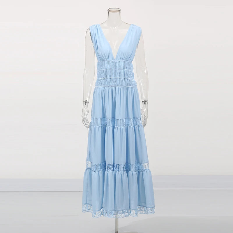 Zalia Atelier | Blue Deep V Neck Dress