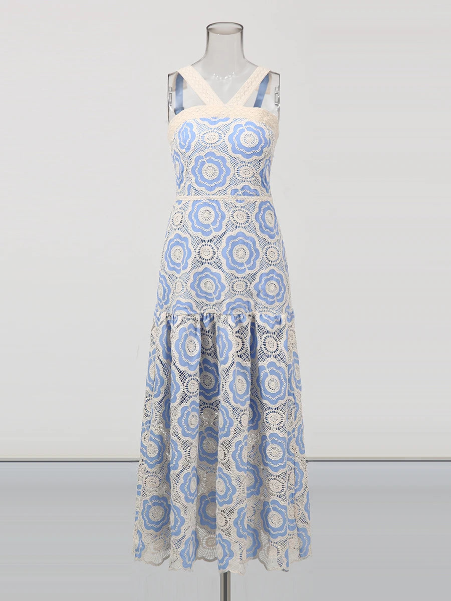 Zalia Atelier | Blue Embroidered Lace Midi Dress
