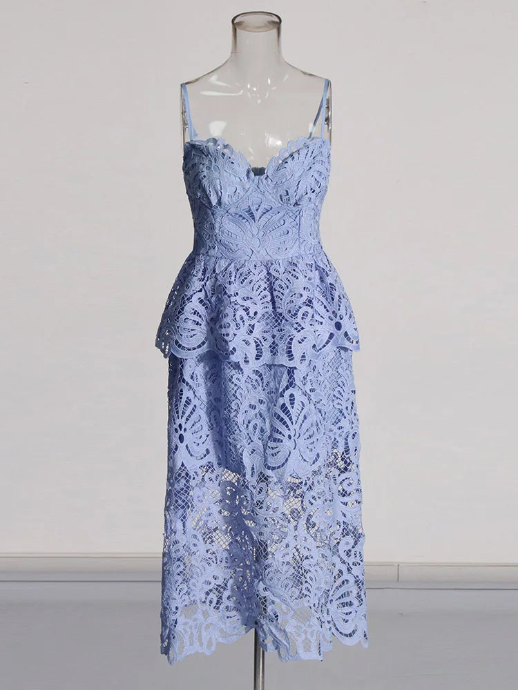 Zalia Atelier | French Blue Embroidery Lace Dress