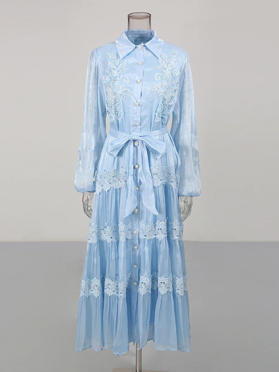 Zalia Atelier | Blue Front Embroidered Lace Maxi Dress