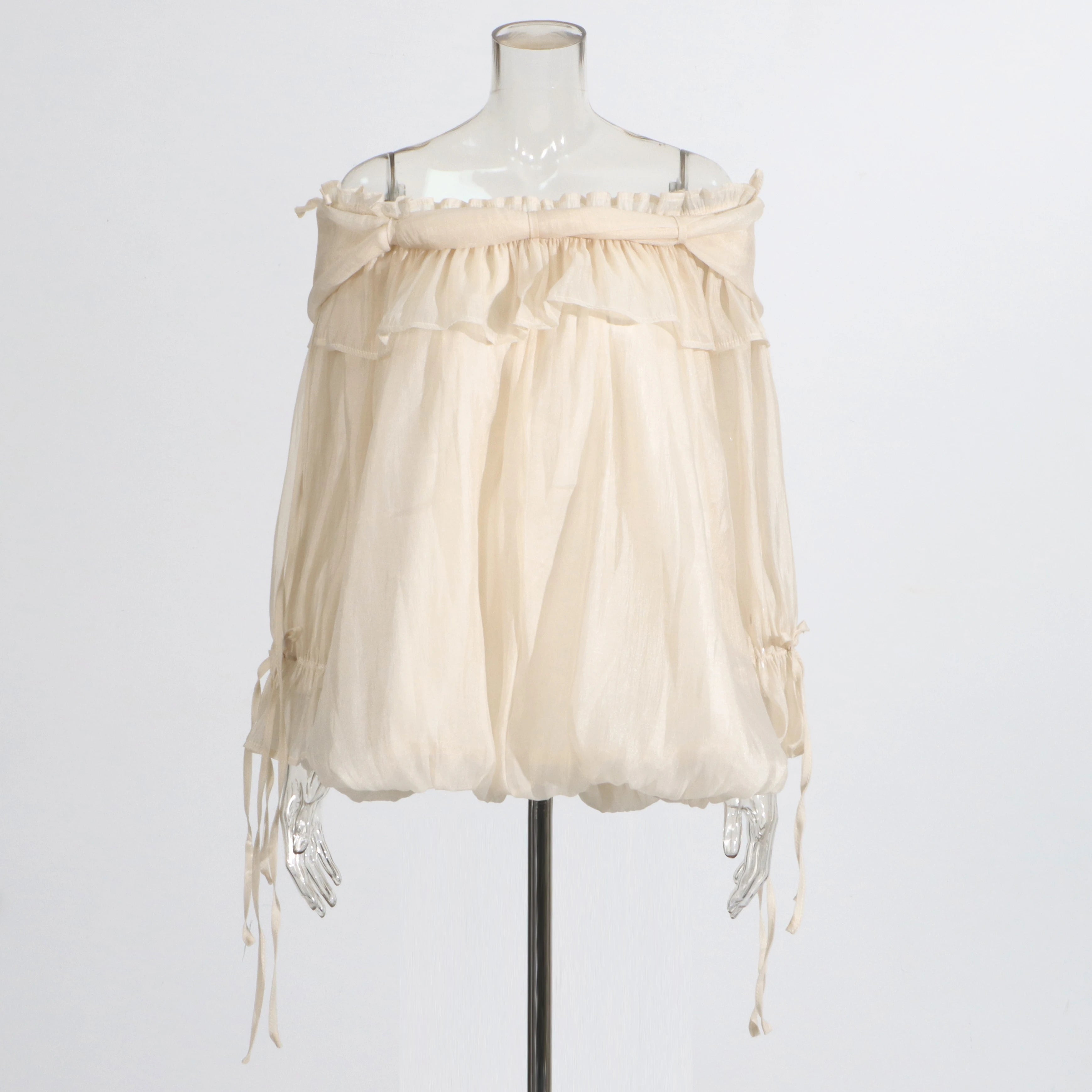 Zalia Atelier | Boho Chiffon Blouse | Beige Color Blouson Style Top | Boho Chic