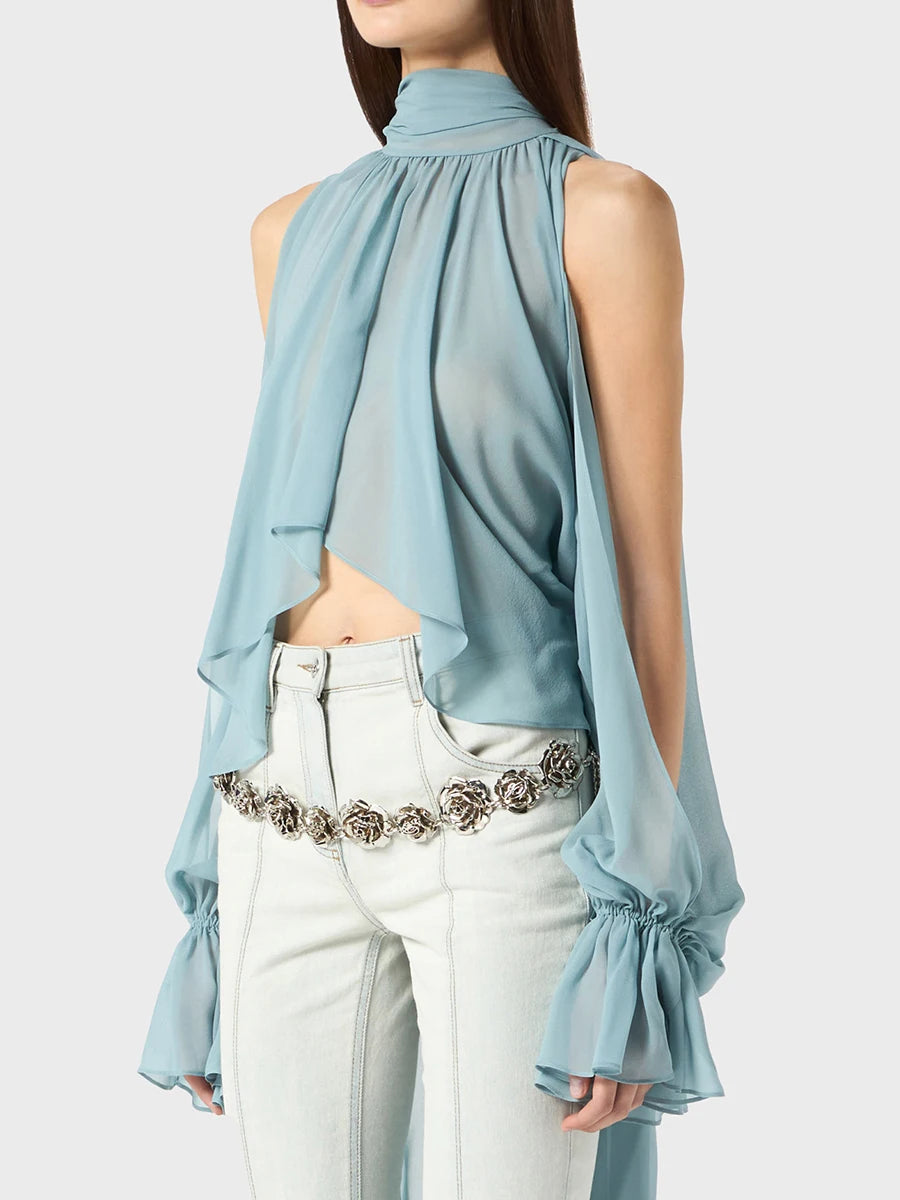 Light Blue Top in boho style with turtleneck and drop sleeves