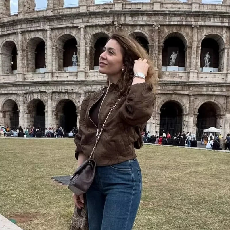 Brown Embroidery Bomber Jacket
