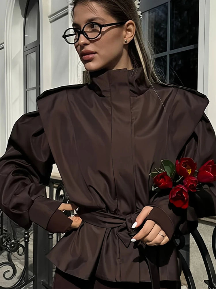 Brown Stand Collar Belted Jacket