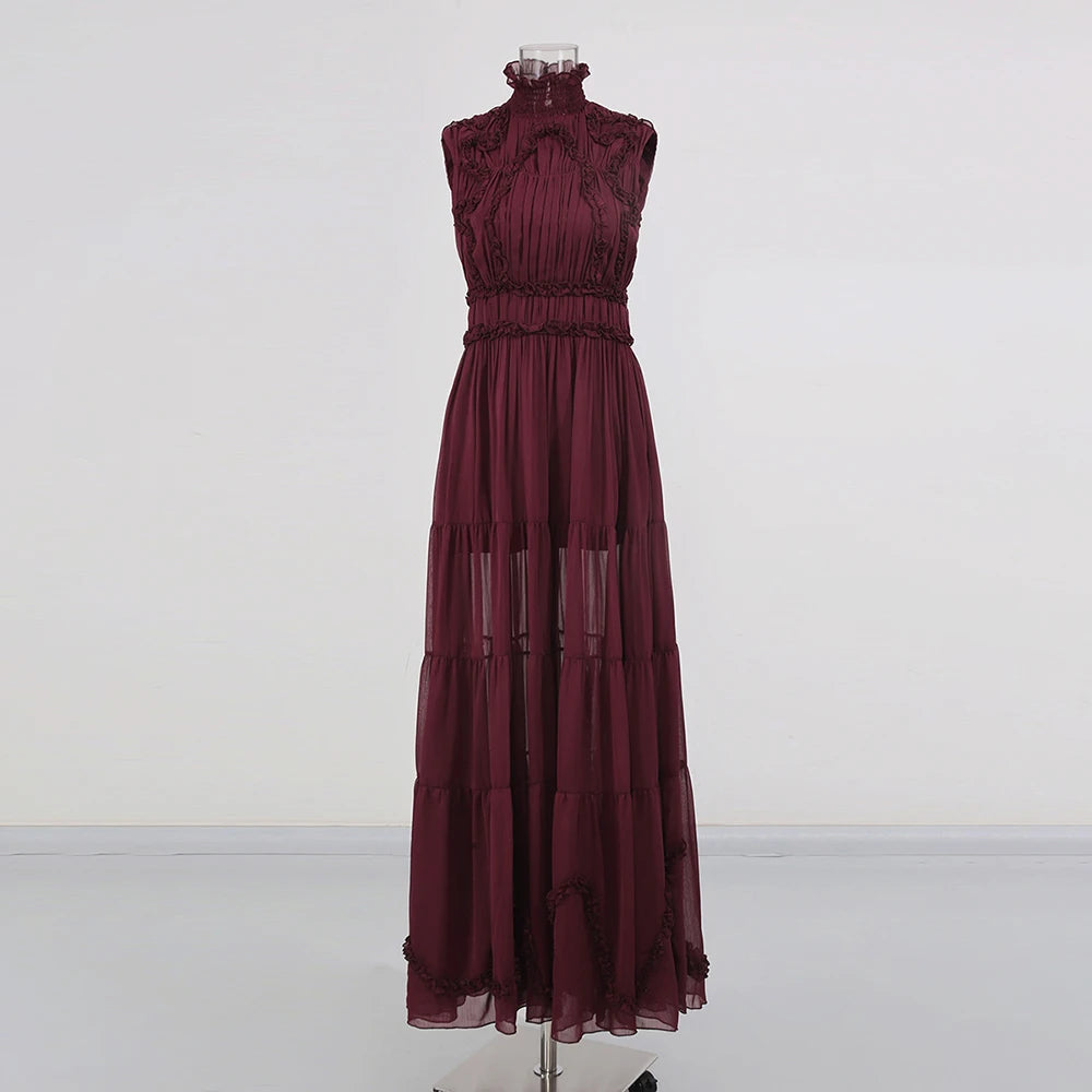Zalia Atelier High Neck Mesh Dress Burgundy