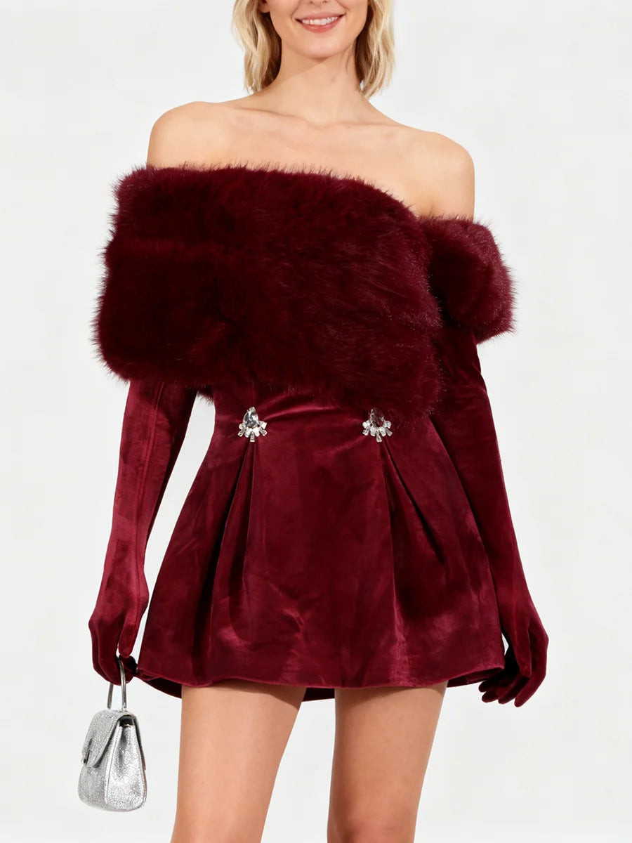 Burgundy Velvet Dress | Faux Fur, Gloves, Rhinestones