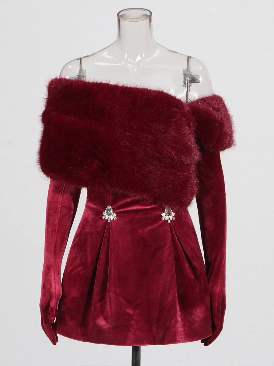 Burgundy Velvet Mini Dress with faux fur and gloves