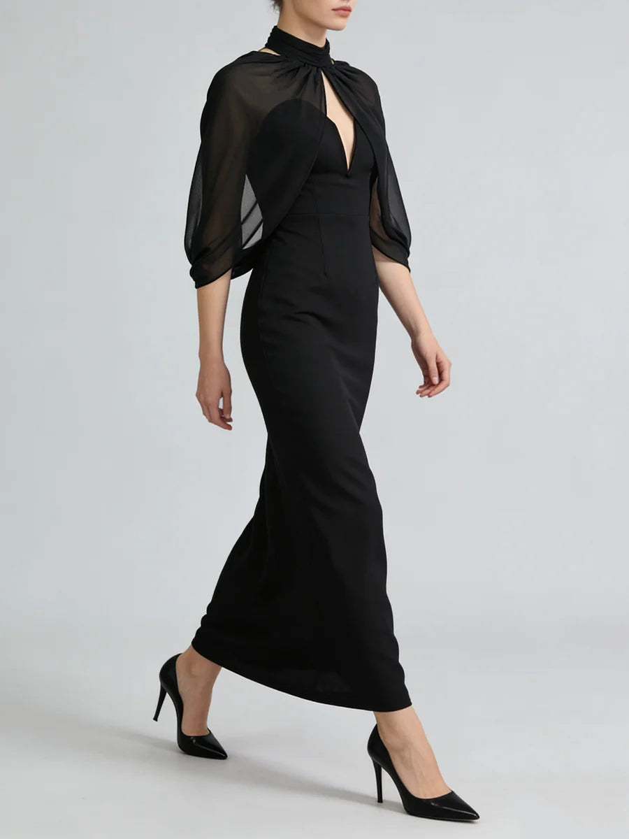 Zalia Atelier - Black Cape Sleeve Dress