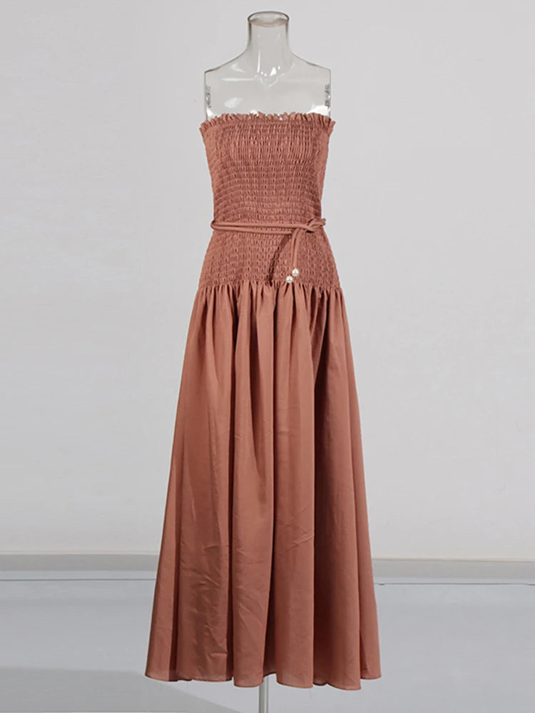 Zalia Atelier | Coffee Strapless Shirred Dress