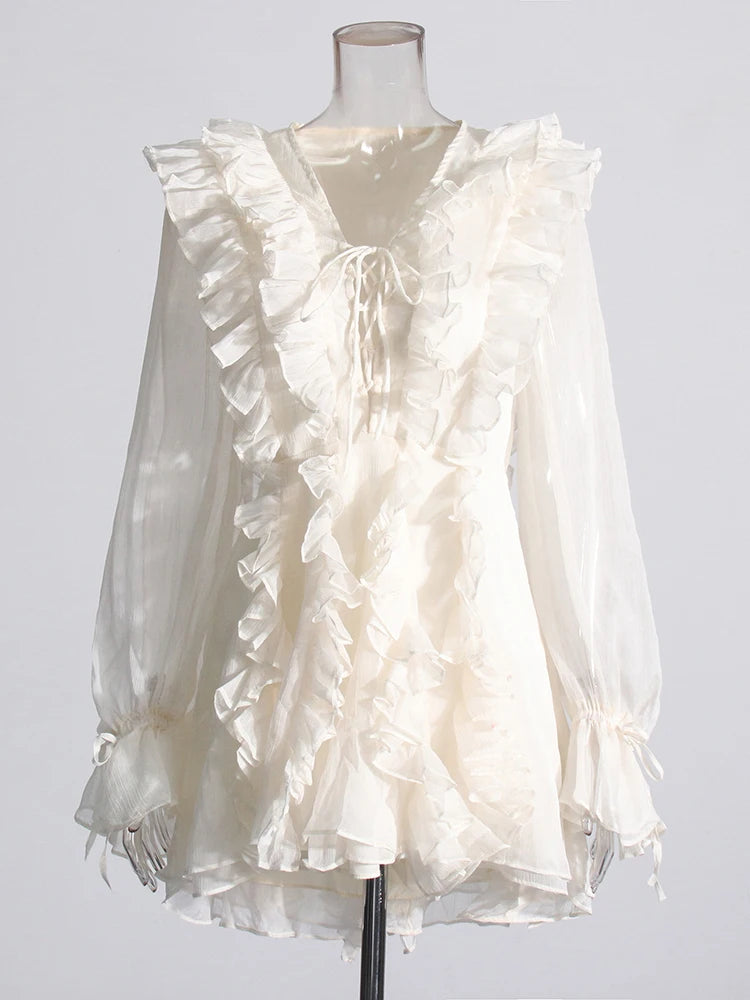 Zalia Atelier | Cream Color Ruffles Mini Dress