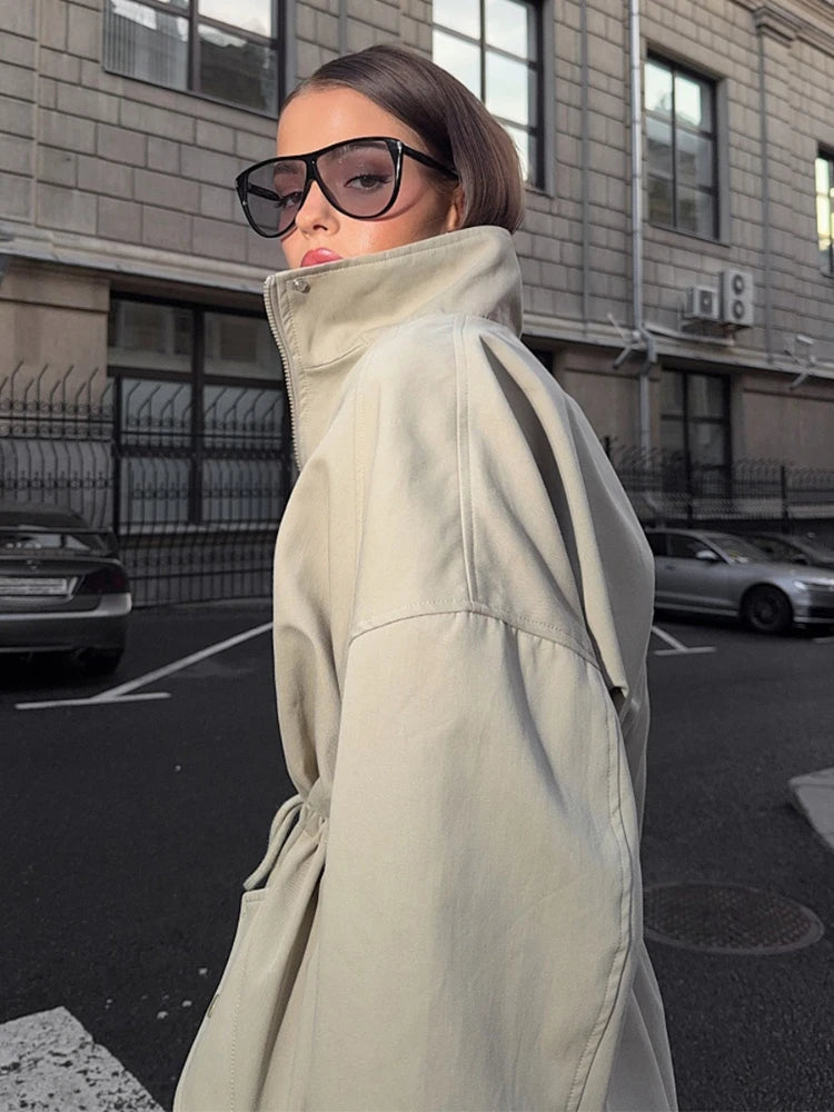 Light Khaki Drawstring Waist Trench Jacket