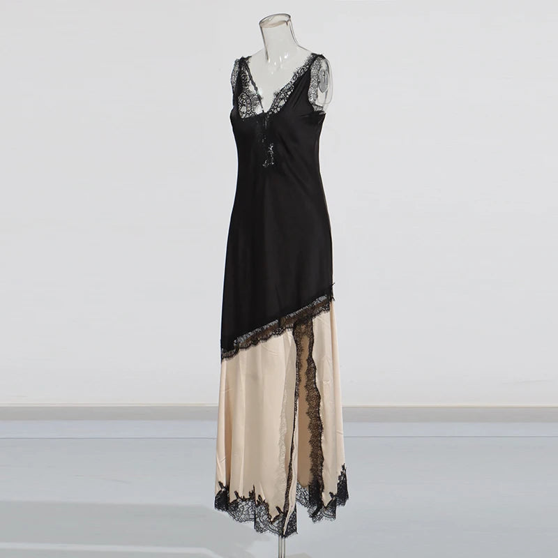 Zalia Atelier | Black and Beige Dress Lace Details