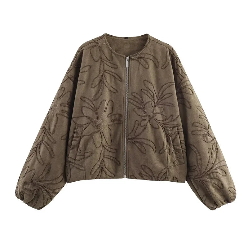 Dark Khaki Embroidery Bomber Jacket