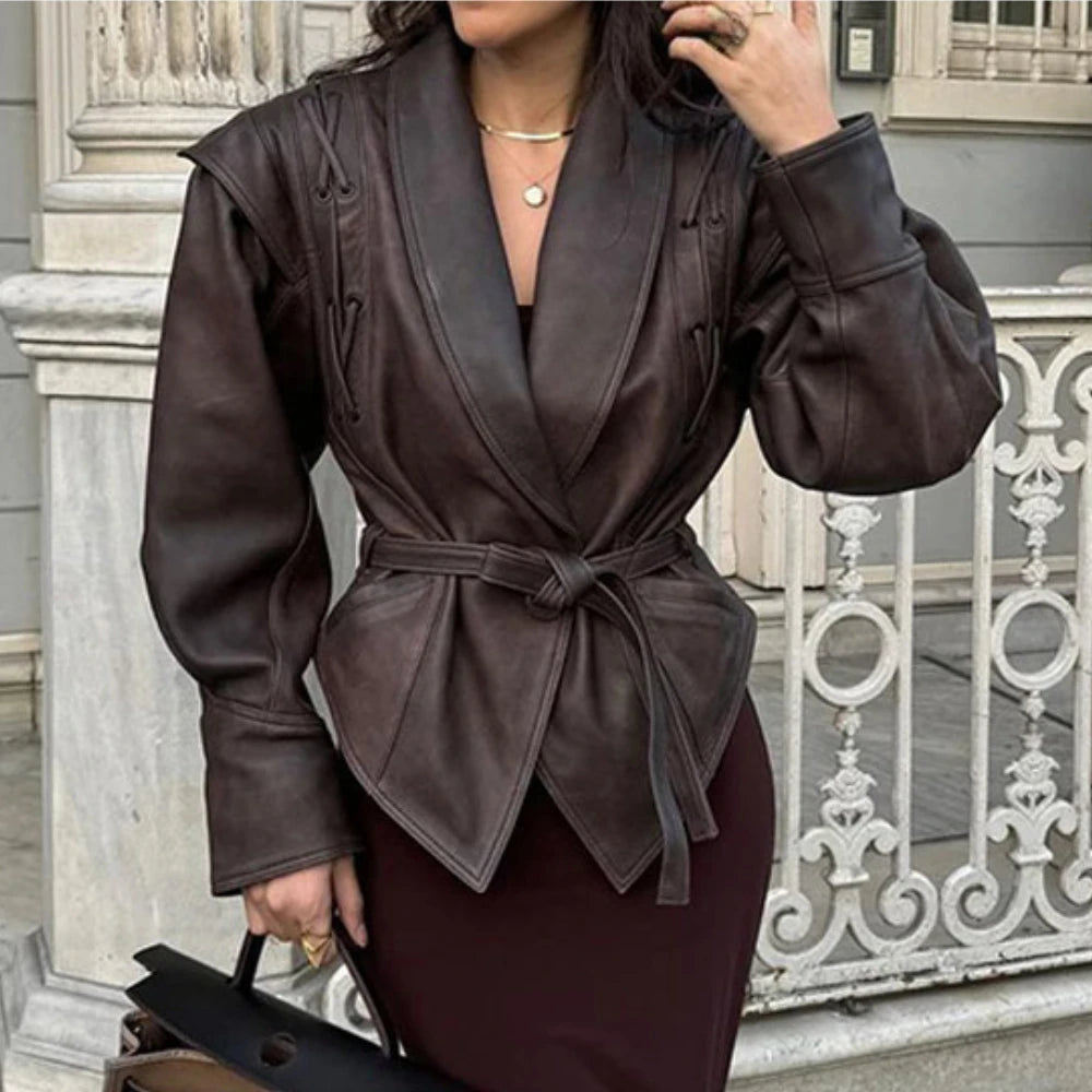 Brown Faux Leather Belted Jacket