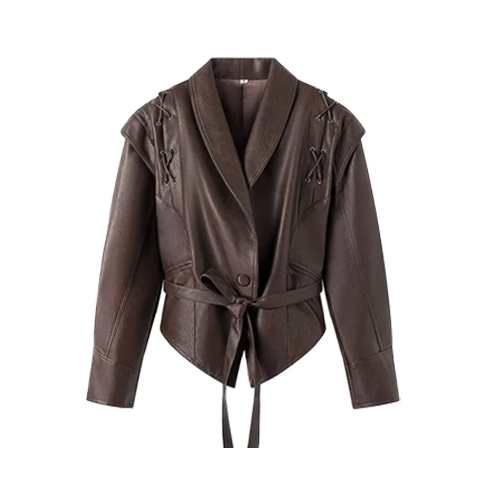 Zalia Atelier | Faux Leather Belted Jacket