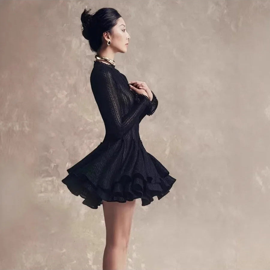 Fit and Flare Black Long Sleeve Mini Dress