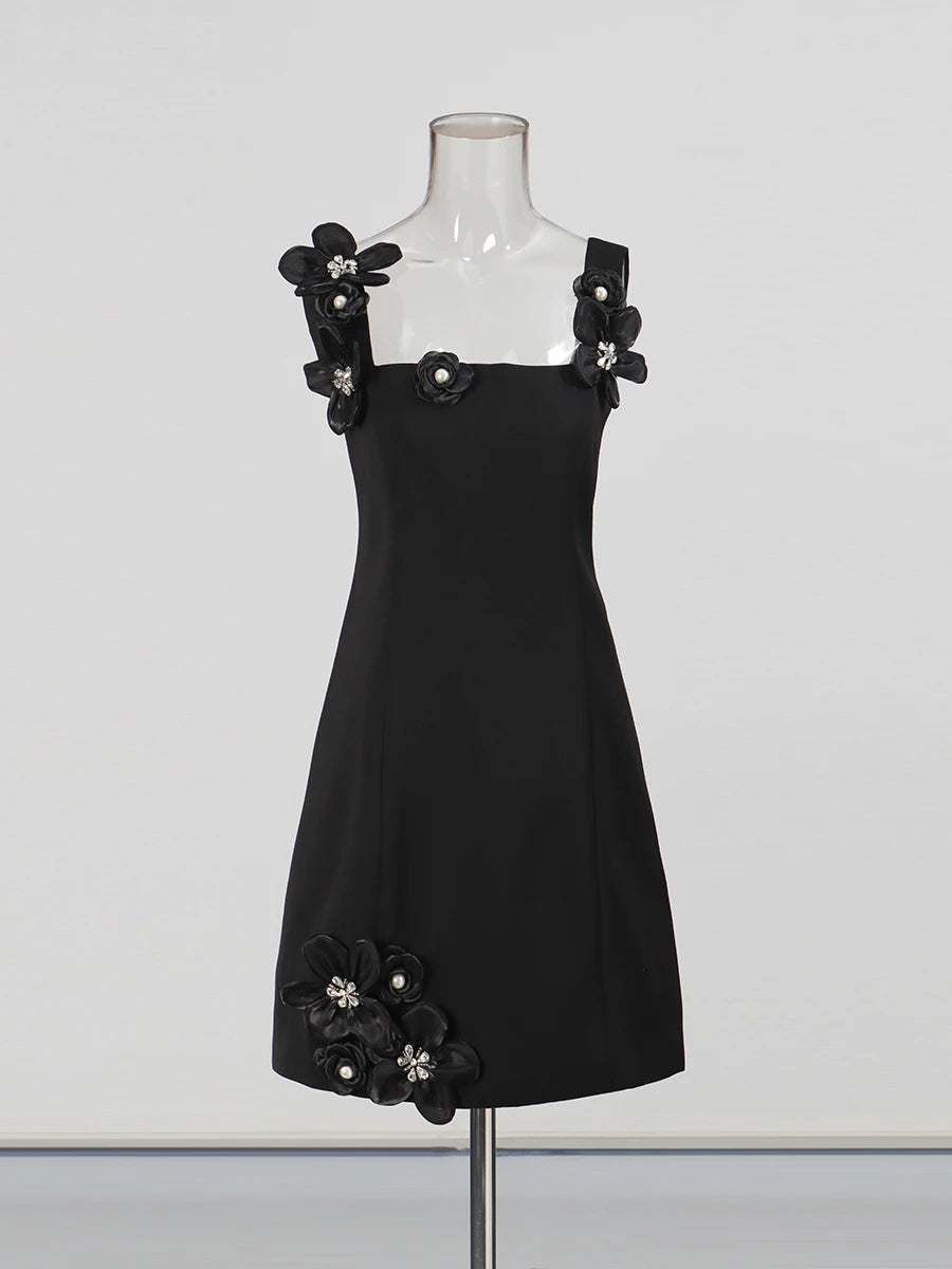 Floral Appliques Mini Dress | Black Front