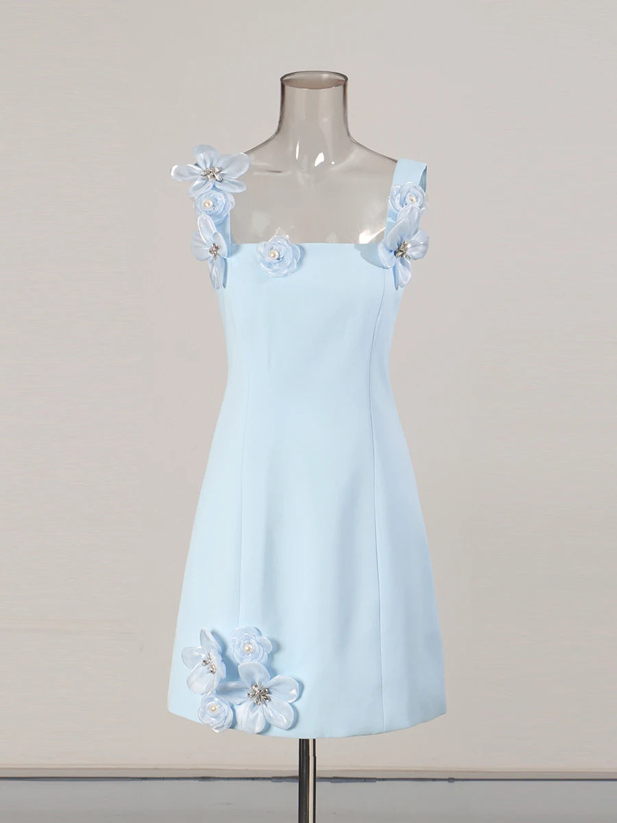 Floral Appliques Mini Dress | Blue Front