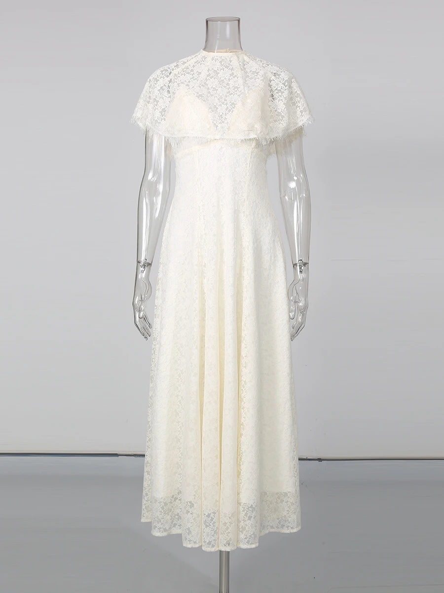 Zalia Atelier - Floral Lace Dress With Cape