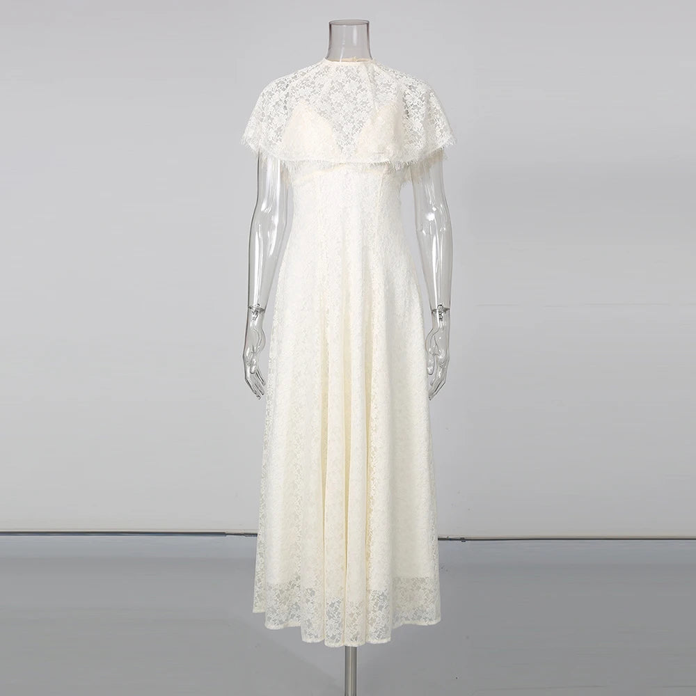 Zalia Atelier - Floral Lace Dress With Cape