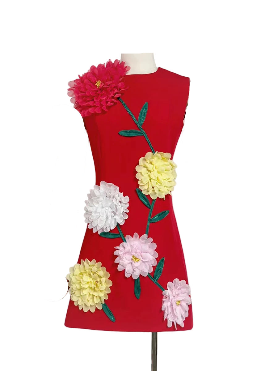 Zalia Atelier | Flower Appliques Mini Dress | Red