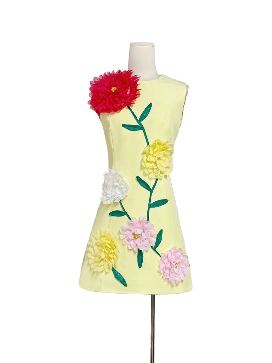 Zalia Atelier | Flower Appliques Mini Dress | Yellow