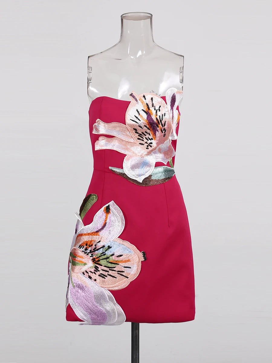 Zalia Atelier | Pink Flower Embroidery Strapless Dress