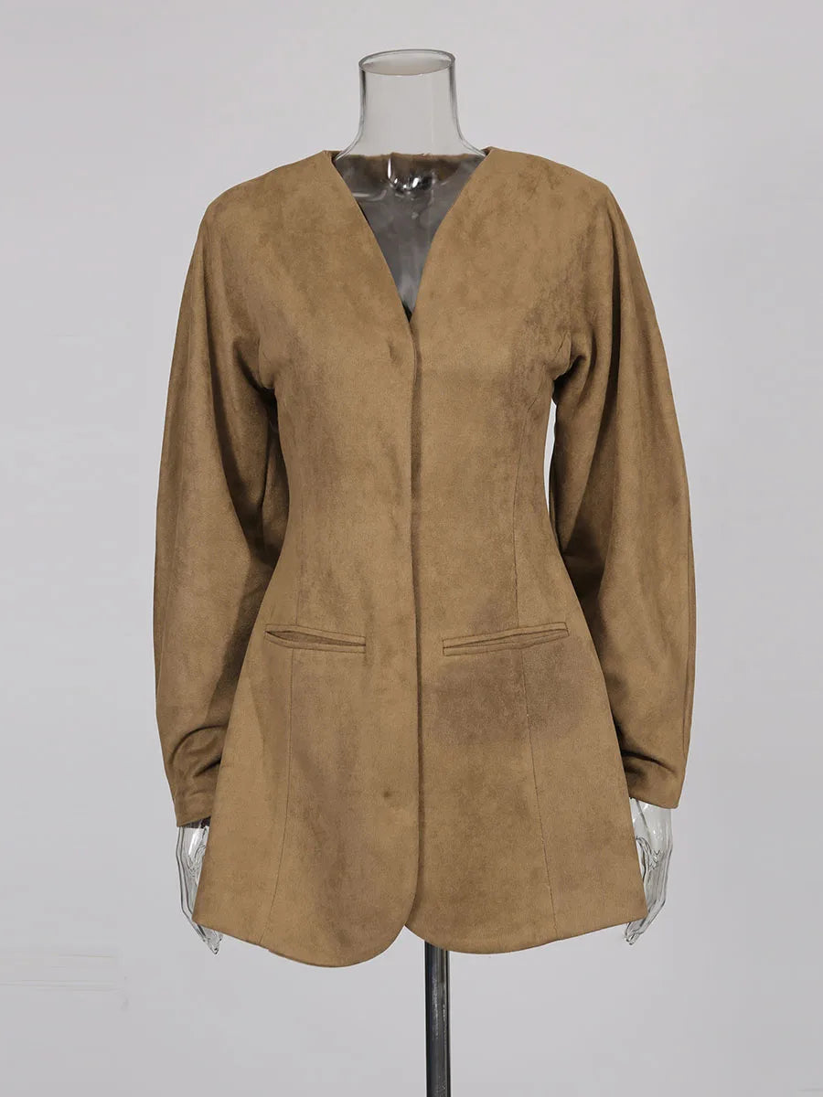 French Retro Jacket Light Brown Faux Suede
