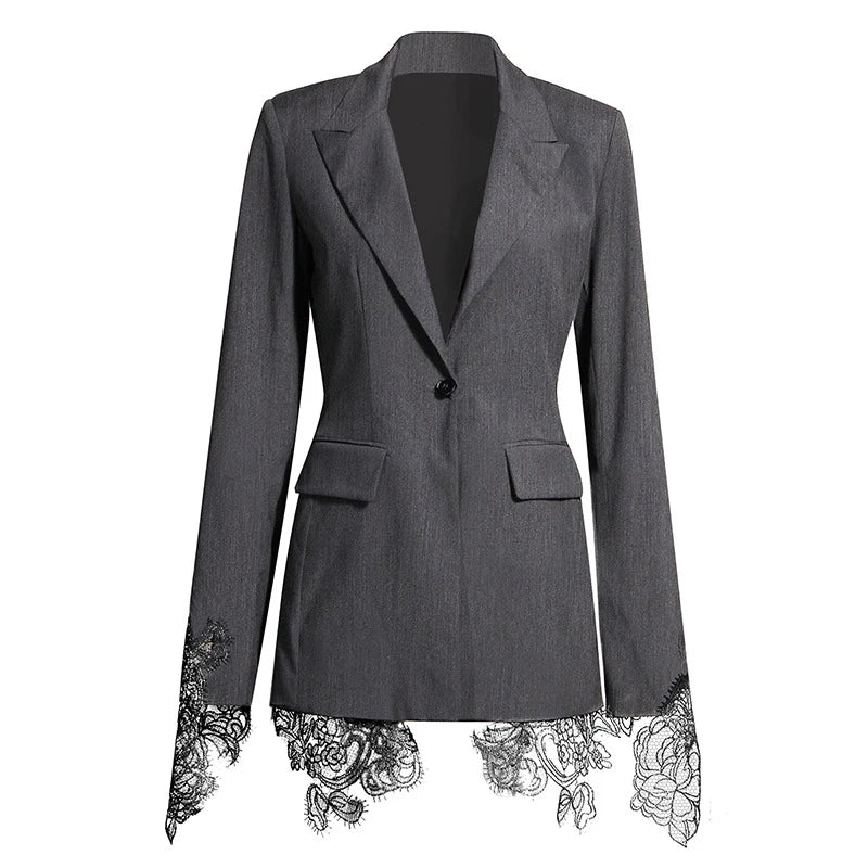 Zalia Atelier | Gray Lace Trim Blazer
