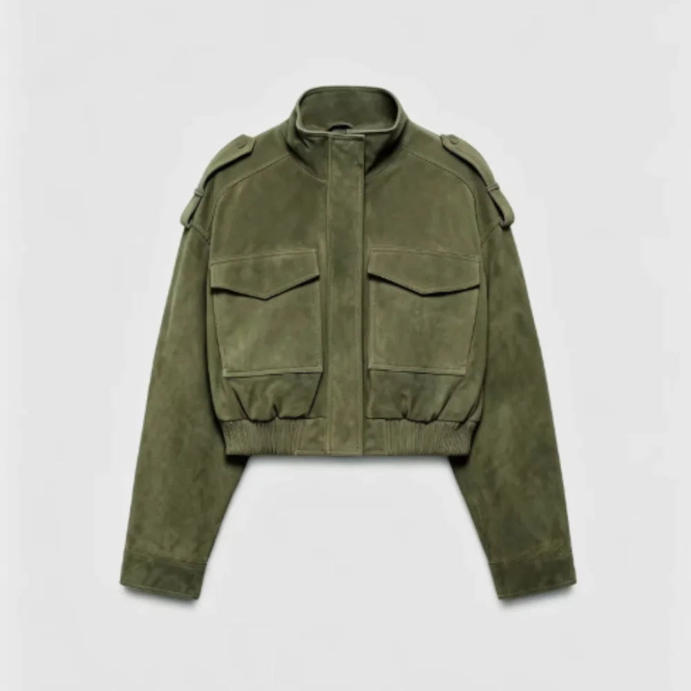 Green Faux Suede Cropped Jacket