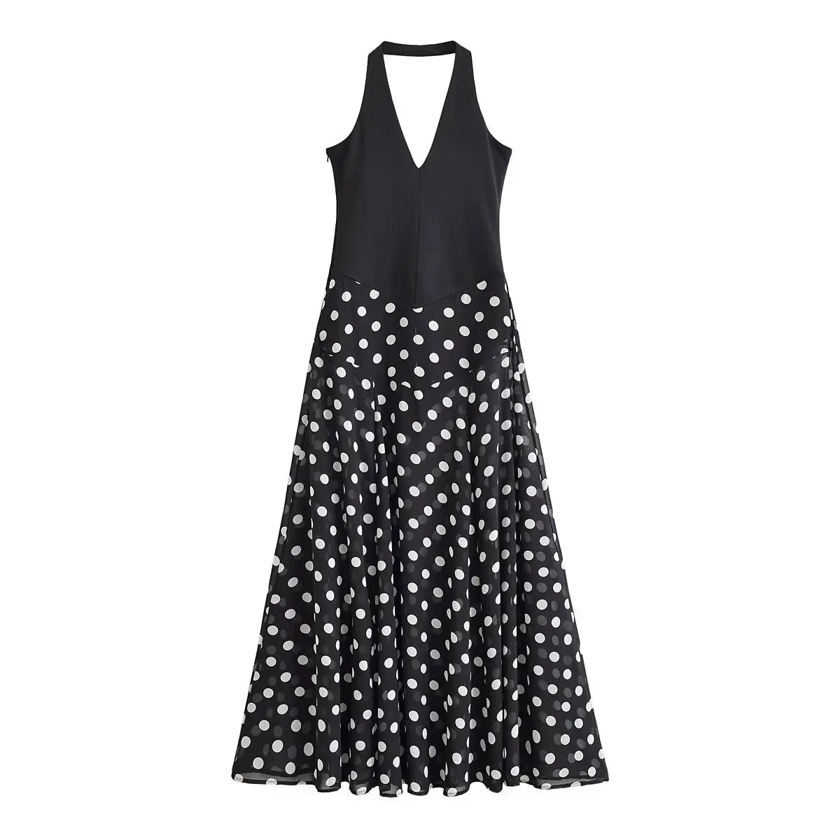 Zalia Atelier - Polka Dot Halter Neck Pleated Midi Dress