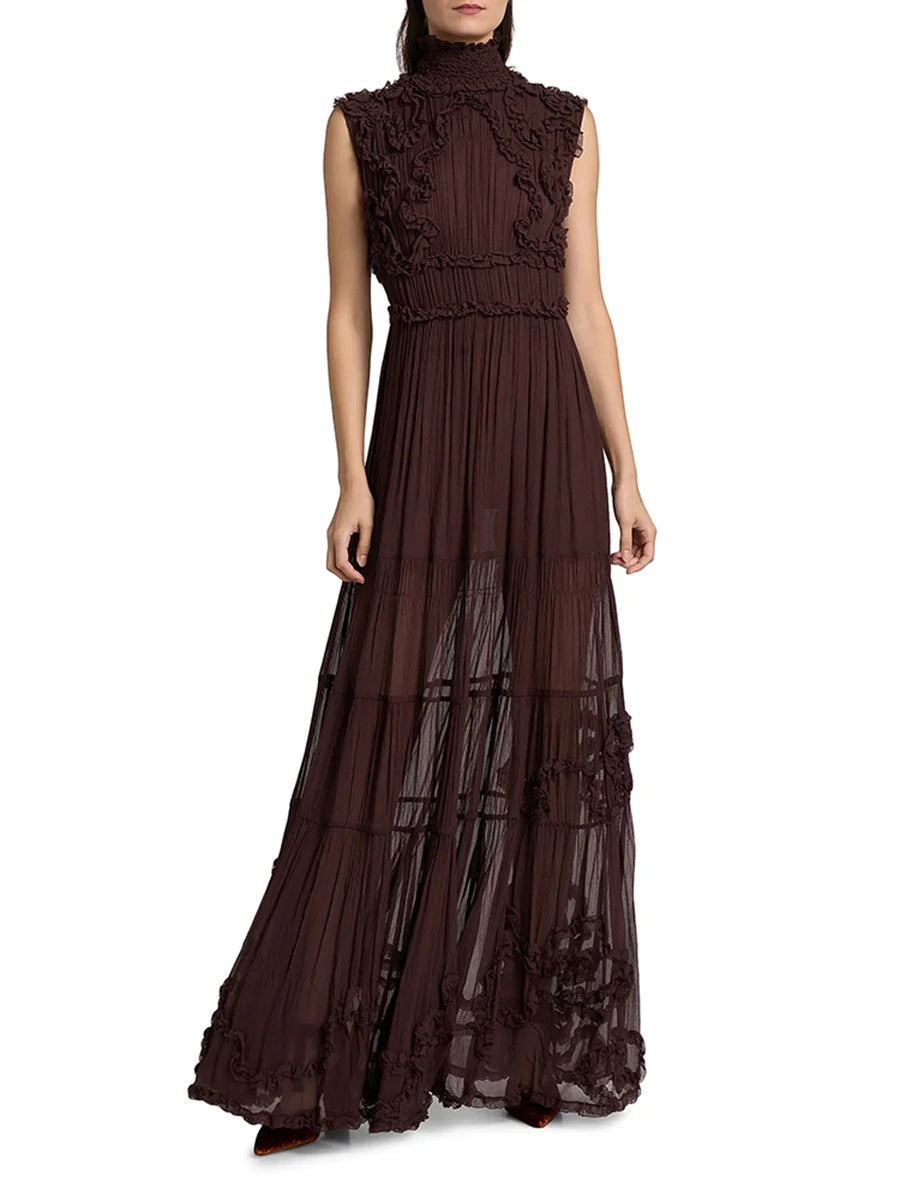 Brown High Neck Mesh Dress