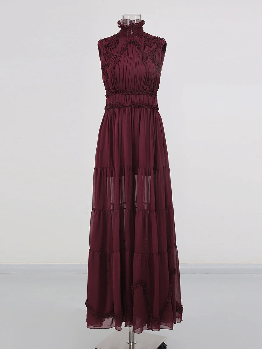 Zalia Atelier Burgundy High Neck Mesh Dress