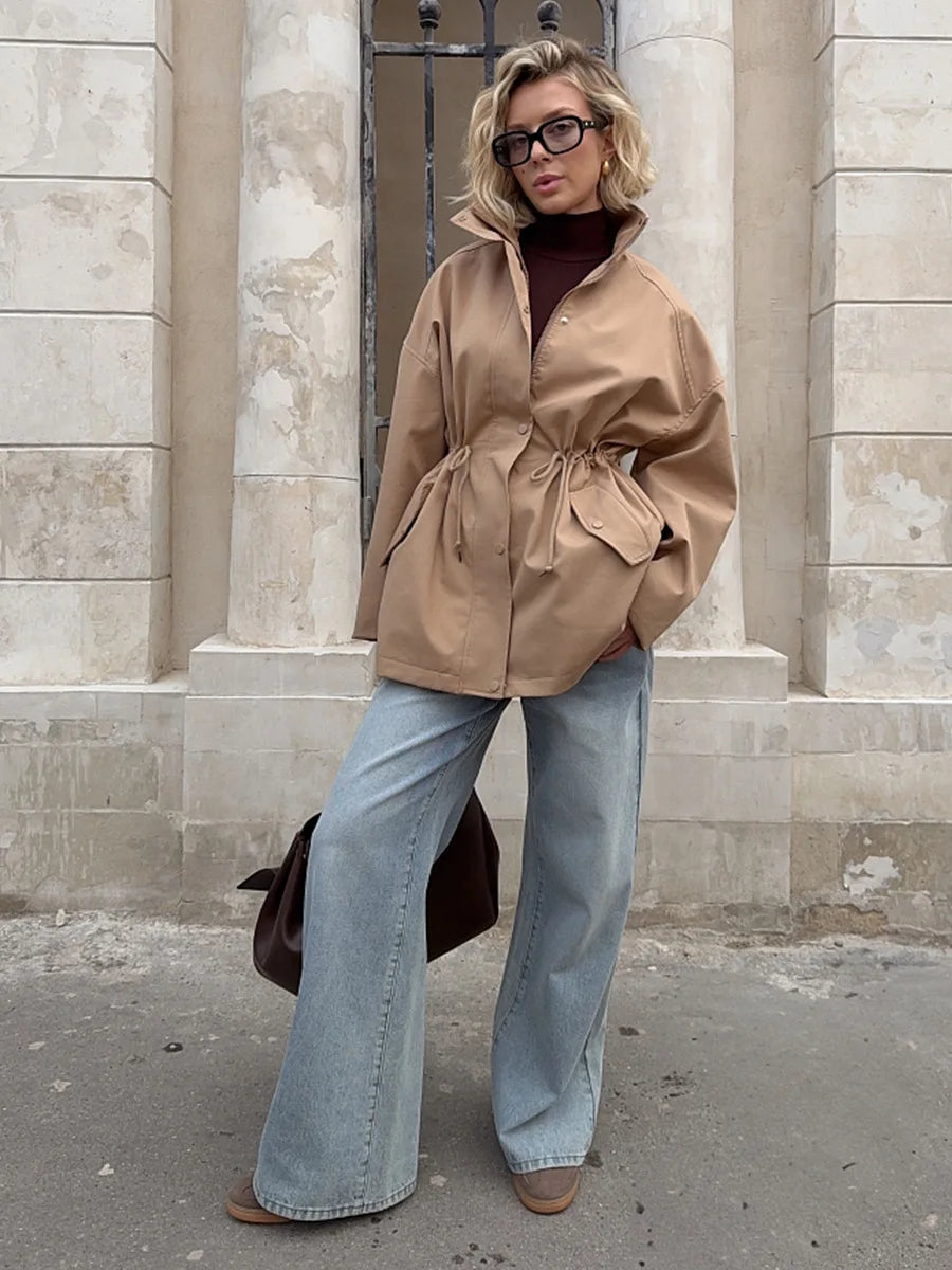 Khaki Drawstring Waist Trench Jacket