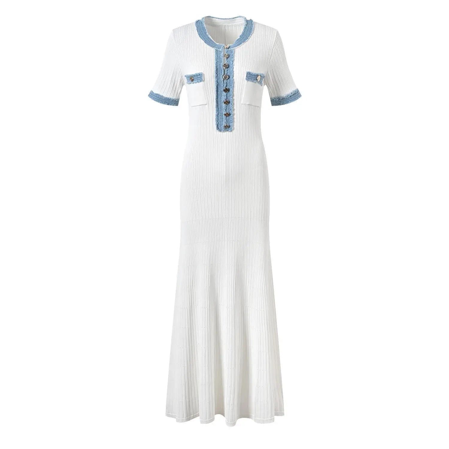 Zalia Atelier | Knit Midi Dress White with Blue Trims