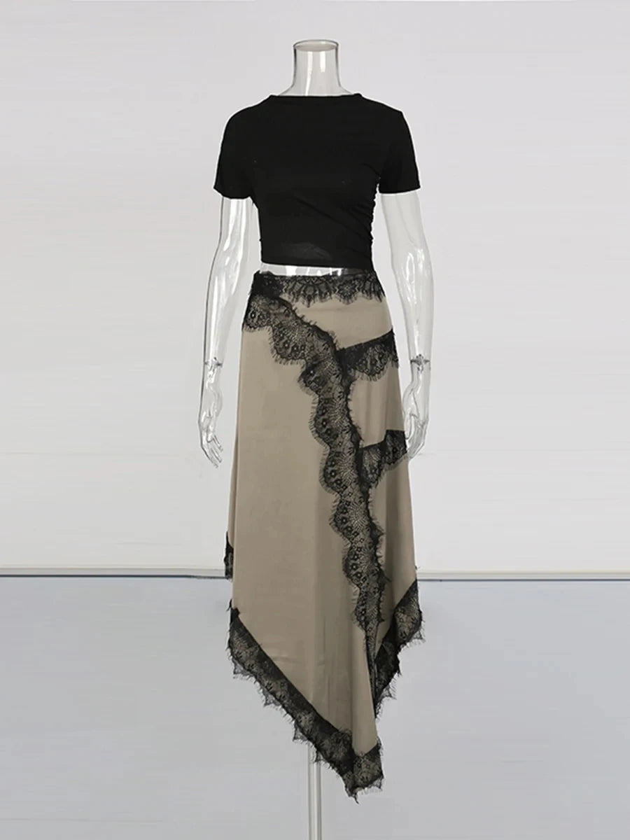 Zalia Atelier | Asymmetrical Lace Cutout Midi Dress