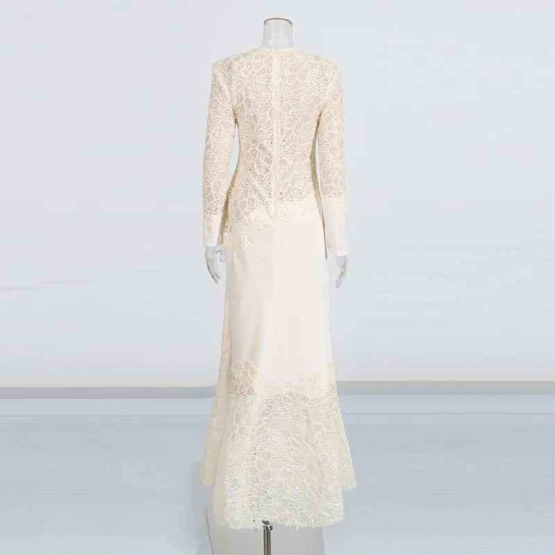 Beige Lace Detail Maxi Dress