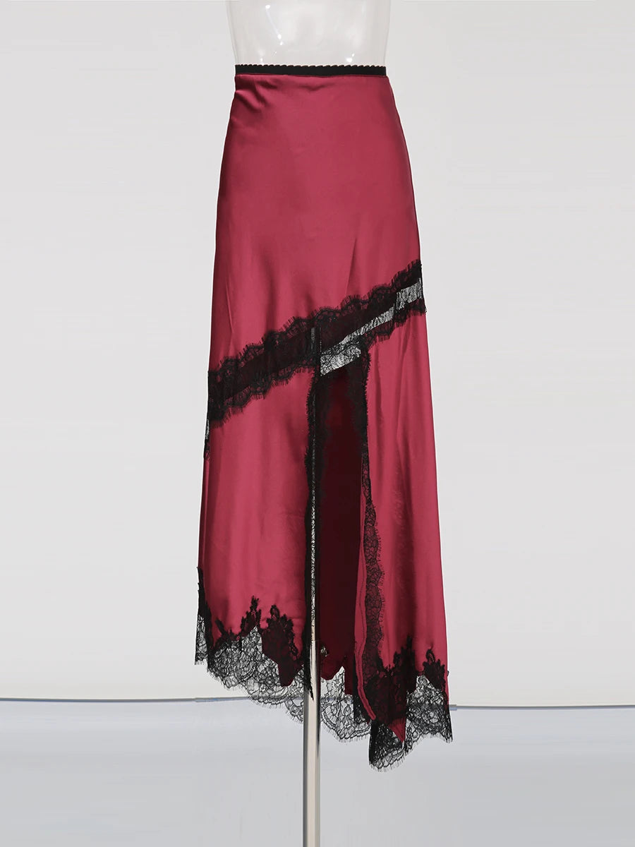 Zalia Atelier | Red Lace Trim Midi Skirt